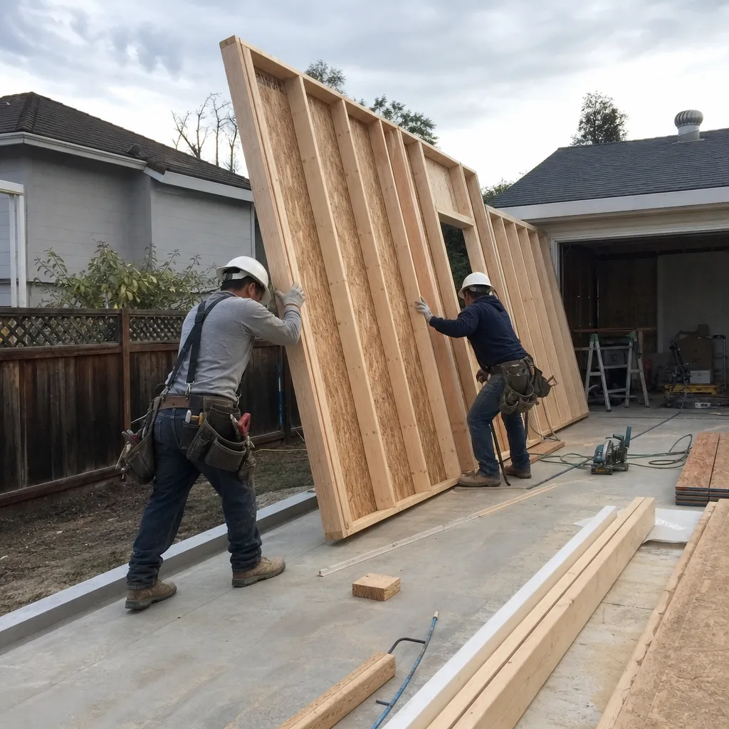 Two professional construction workers lifting a large wooden wall frame