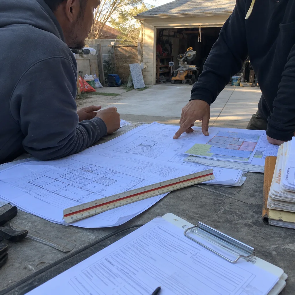 Contractors reviewing room addition blueprints on an outdoor project site