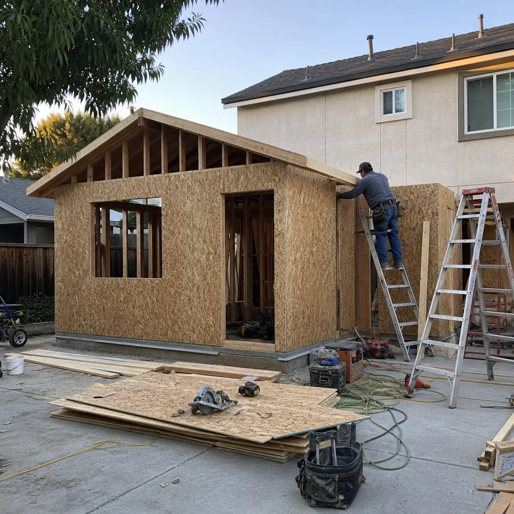 Contractor installing plywood sheathing on a wooden room addition frame